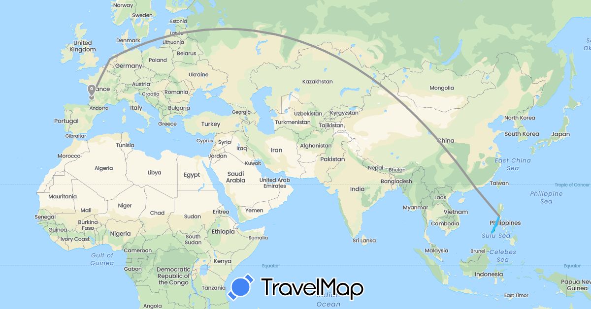 TravelMap itinerary: driving, bus, plane, boat in France, Hong Kong, Netherlands, Philippines (Asia, Europe)